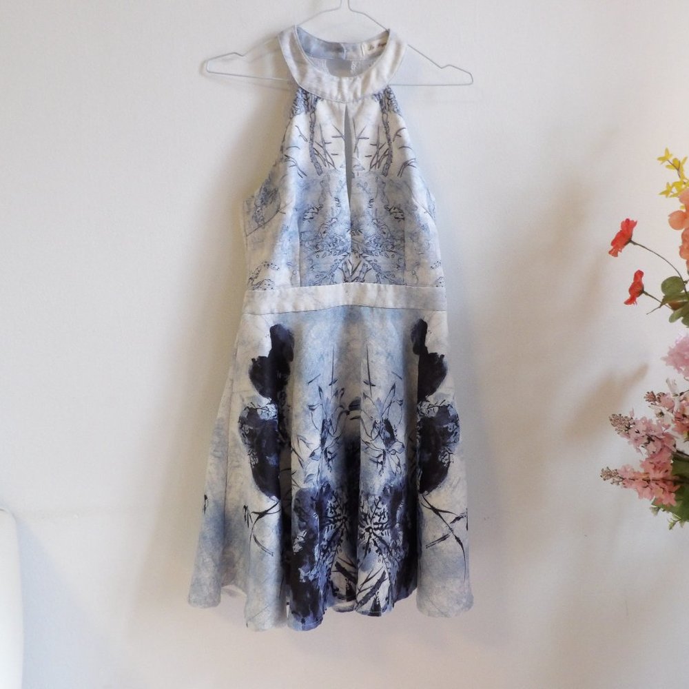 La Reyna Blue White Grey Halter Dress Backless Small